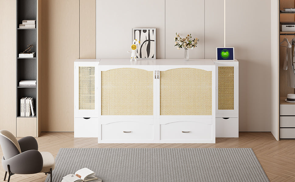 Queen Murphy Wall Bed with Storage Cabinets, Drawers & USB - White