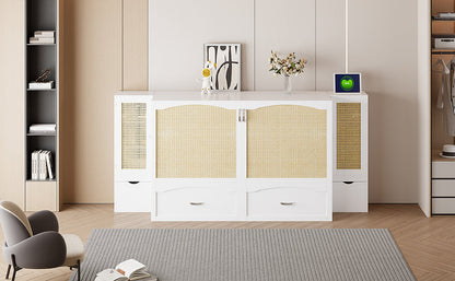 Queen Murphy Wall Bed with Storage Cabinets, Drawers & USB - White