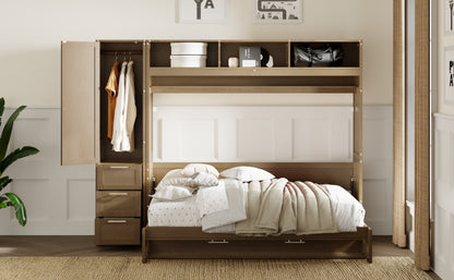 Full Murphy Bed with Wardrobe, Drawers & Open Shelves - Antique Grey