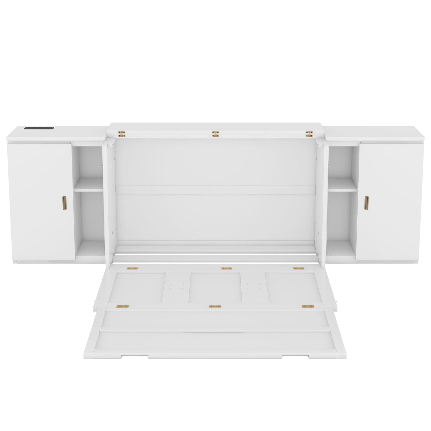 Full Murphy Bed with Shelves, Cabinets & USB Ports - White