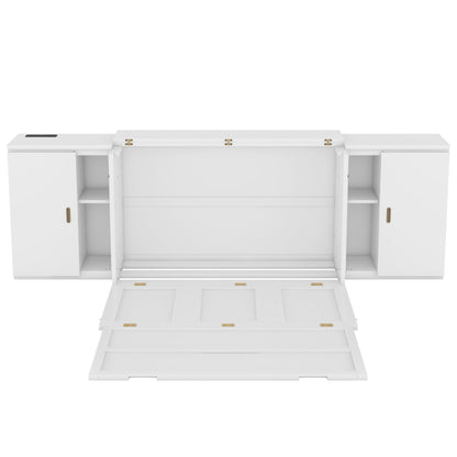 Full Murphy Bed with Shelves, Cabinets & USB Ports - White