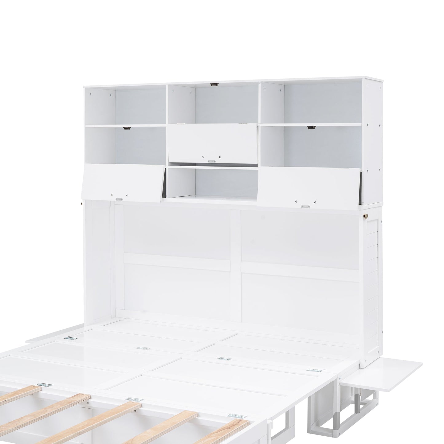 Queen Murphy Bed with Bookcase, Bedside Shelves & Drawer - White