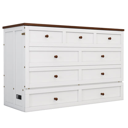 Queen Solid Pine Murphy Cabinet Bed with Charging Station - White & Walnut