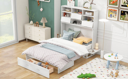 Queen Murphy Bed with Bookcase, Bedside Shelves & Drawer - White