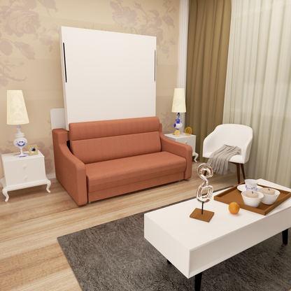 Full Vertical Murphy Bed with Sofa & Drawers - White