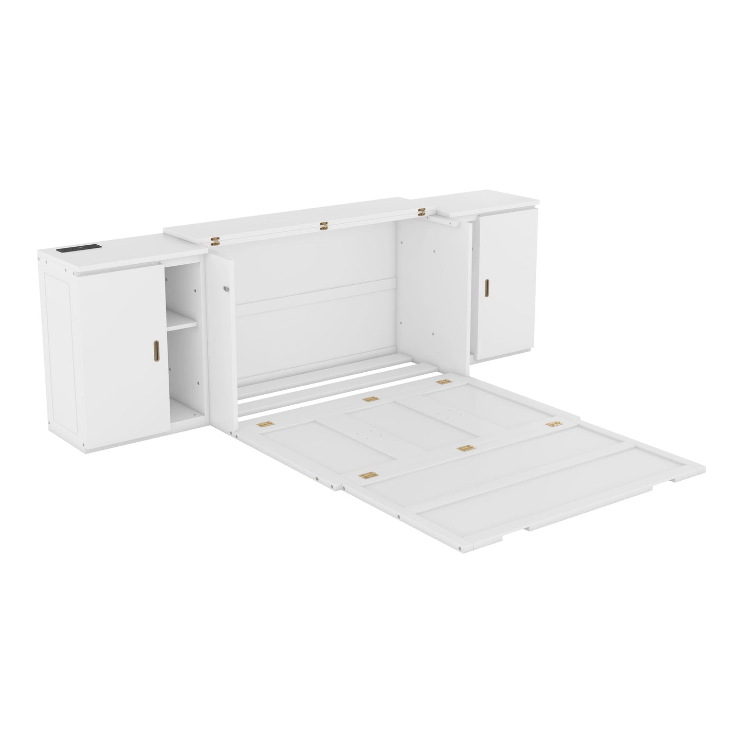 Full Murphy Bed with Shelves, Cabinets & USB Ports - White