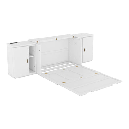 Full Murphy Bed with Shelves, Cabinets & USB Ports - White