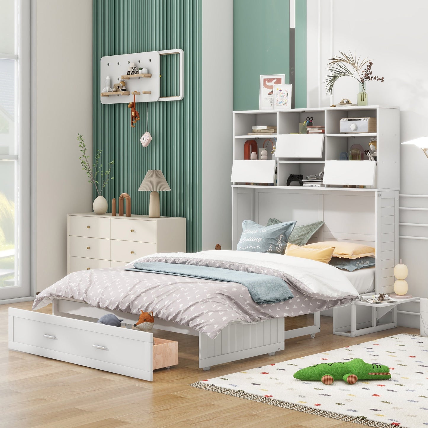 Queen Murphy Bed with Bookcase, Bedside Shelves & Drawer - White