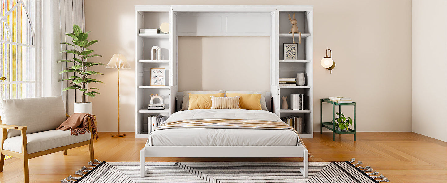 Queen Murphy Bed with Desk & Wide Bookshelf - White
