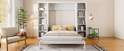 Queen Murphy Bed with Desk & Wide Bookshelf - White