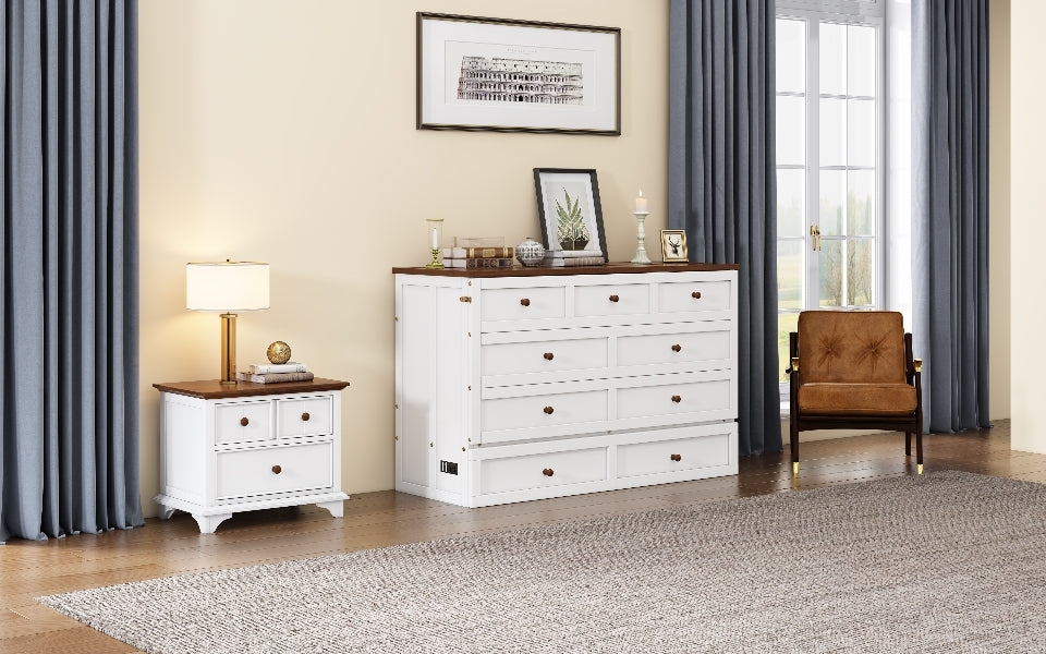 Queen Solid Pine Murphy Cabinet Bed with Charging Station - White & Walnut