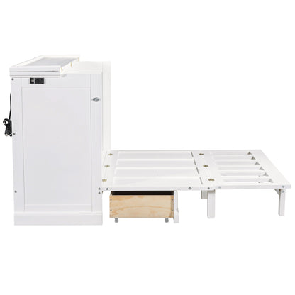 Solid Pine Murphy Cabinet Bed with Charging Station & Storage Drawer