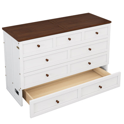 Queen Solid Pine Murphy Cabinet Bed with Charging Station - White & Walnut