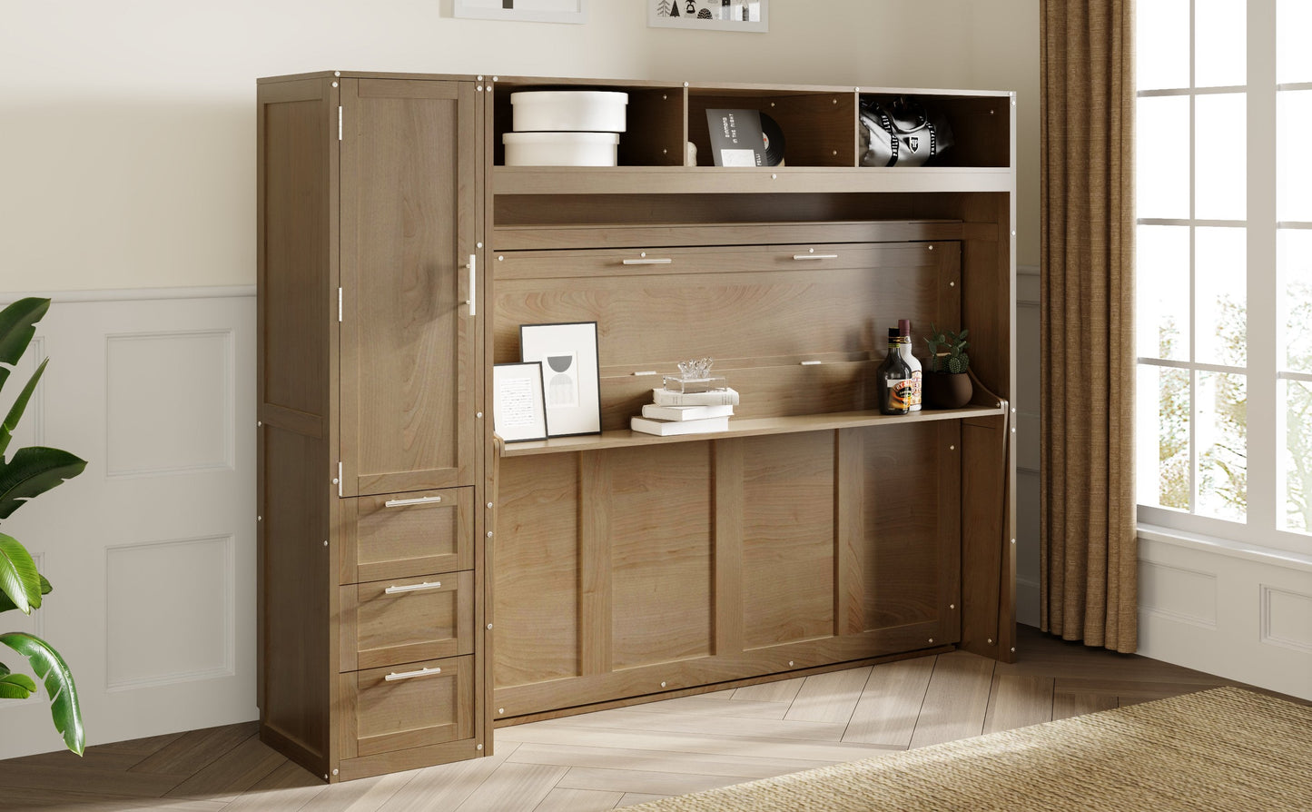 Full Murphy Bed with Wardrobe, Drawers & Open Shelves - Antique Grey