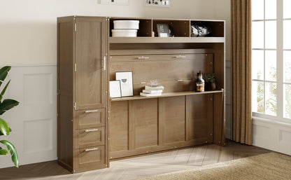 Full Murphy Bed with Wardrobe, Drawers & Open Shelves - Antique Grey