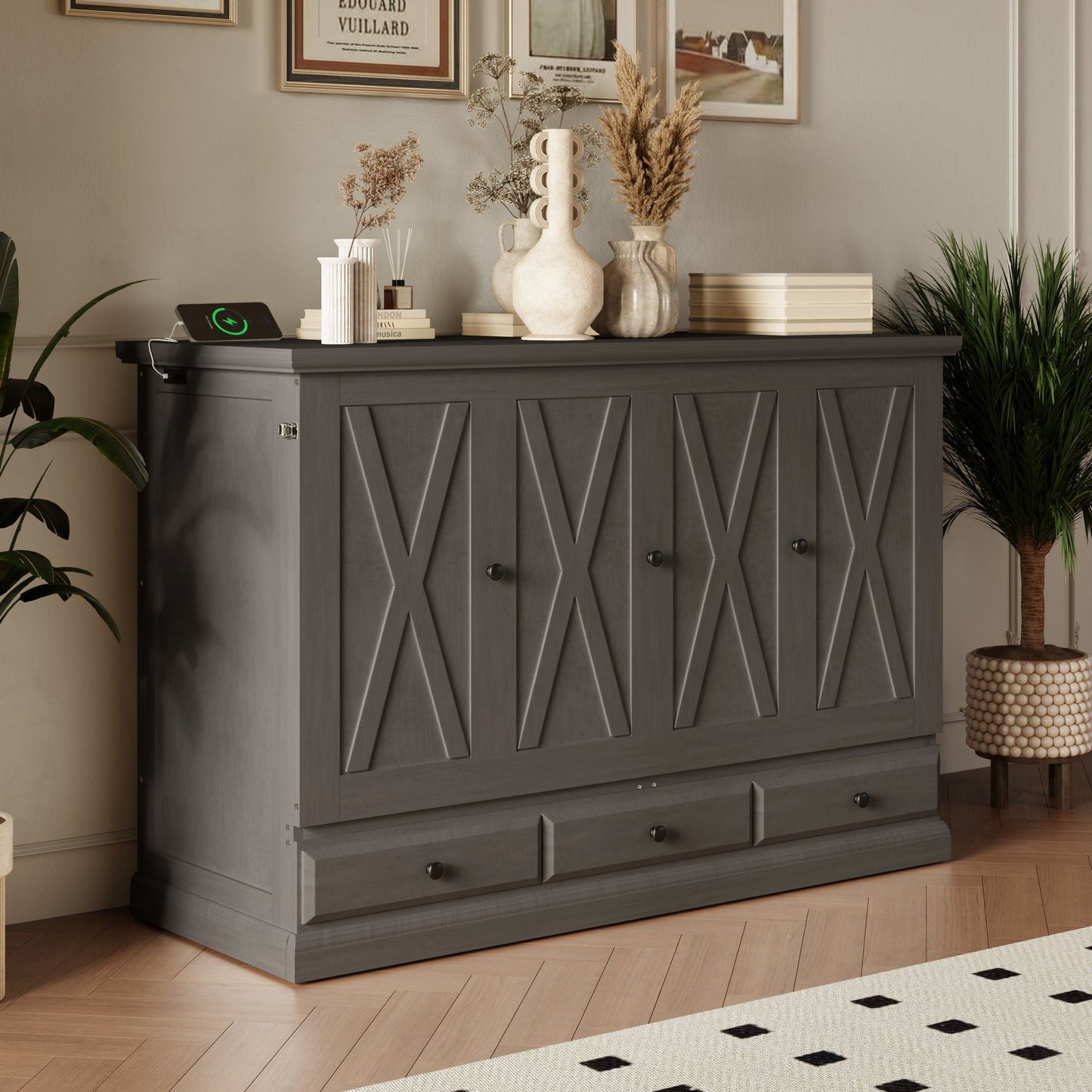 Murphy Cabinet Bed with Charging Station & Storage Drawer
