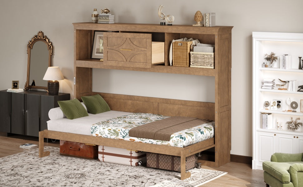 Twin Murphy Bed with Charging Station & Drawer - Natural Wood
