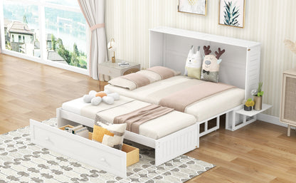 Queen Mobile Murphy Bed with Drawer & Side Shelves - White