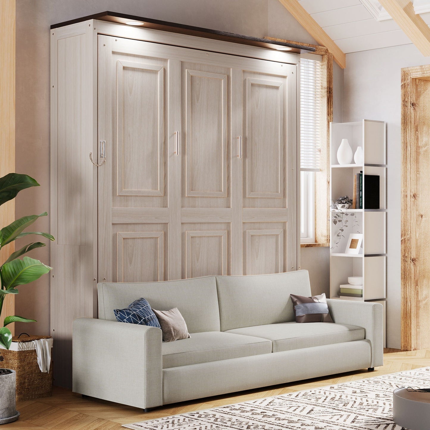 Queen Murphy Bed with Sofa & LED Lighting - Beige