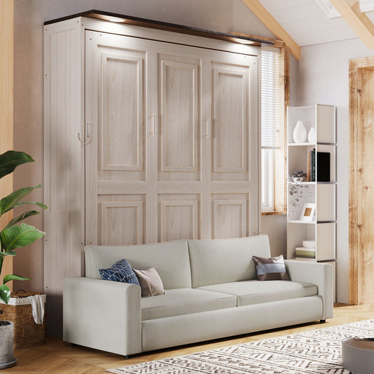 Queen Murphy Bed with Sofa & LED Lighting - Beige