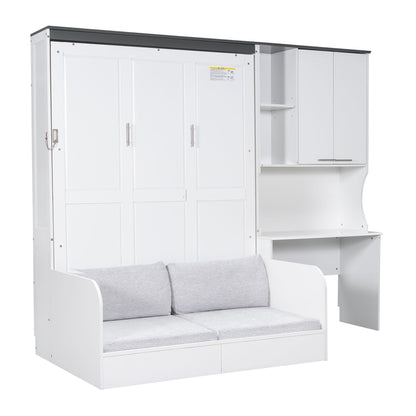 Full Murphy Bed with Sofa, Desk & Storage Cabinet - White