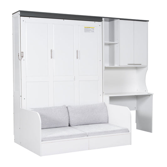 Full Murphy Bed with Sofa, Desk & Storage Cabinet - White