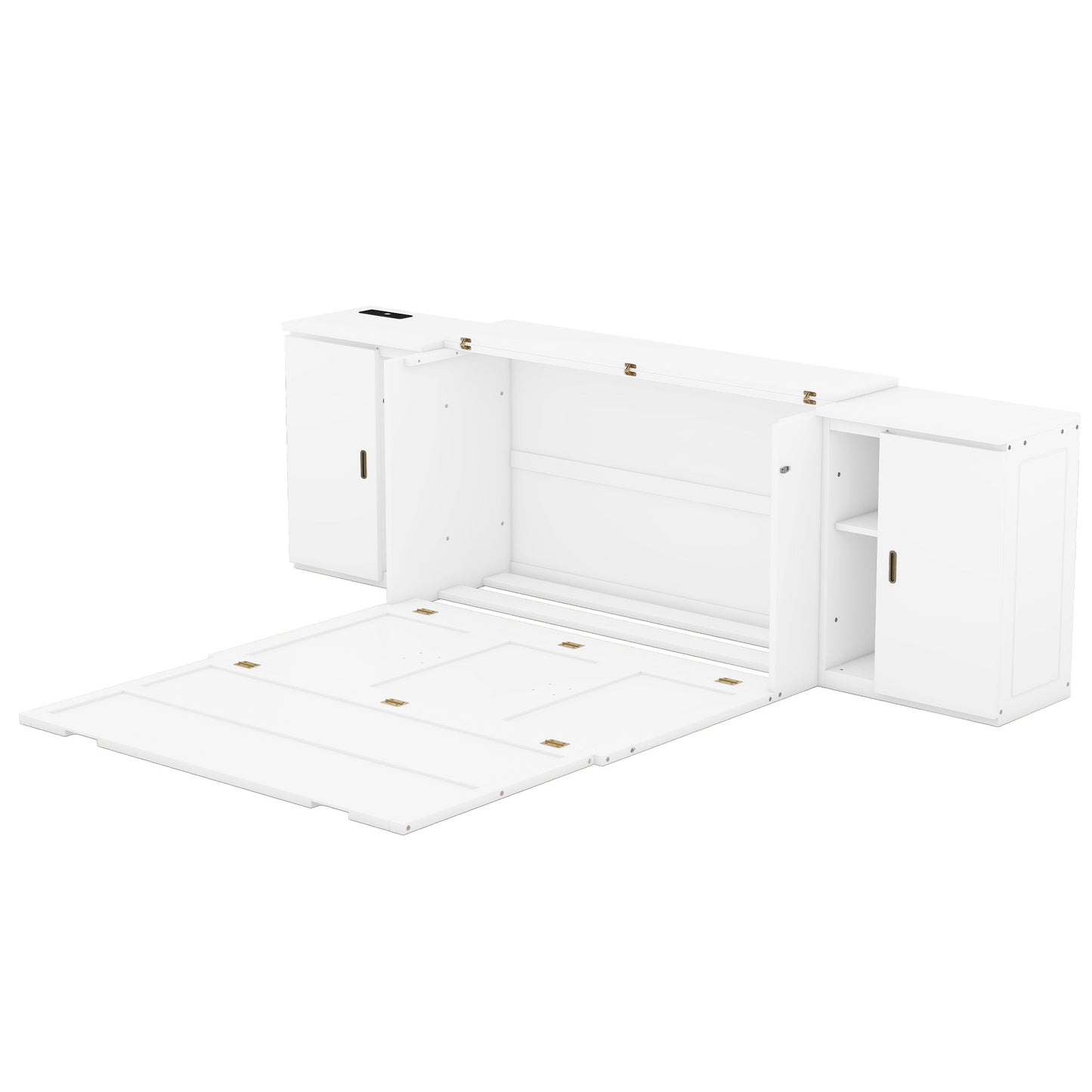 Queen Murphy Bed with Shelves, Cabinets & USB Ports - White