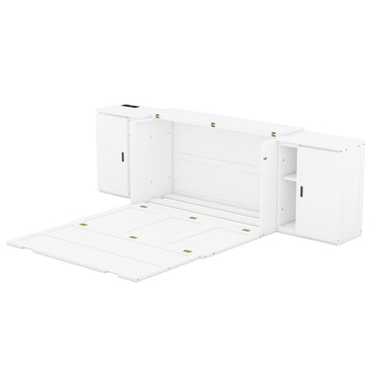 Queen Murphy Bed with Shelves, Cabinets & USB Ports - White