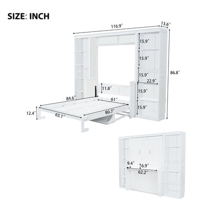 Queen Murphy Bed with Desk & Wide Bookshelf - White