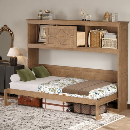 Twin Murphy Bed with Charging Station & Drawer - Natural Wood