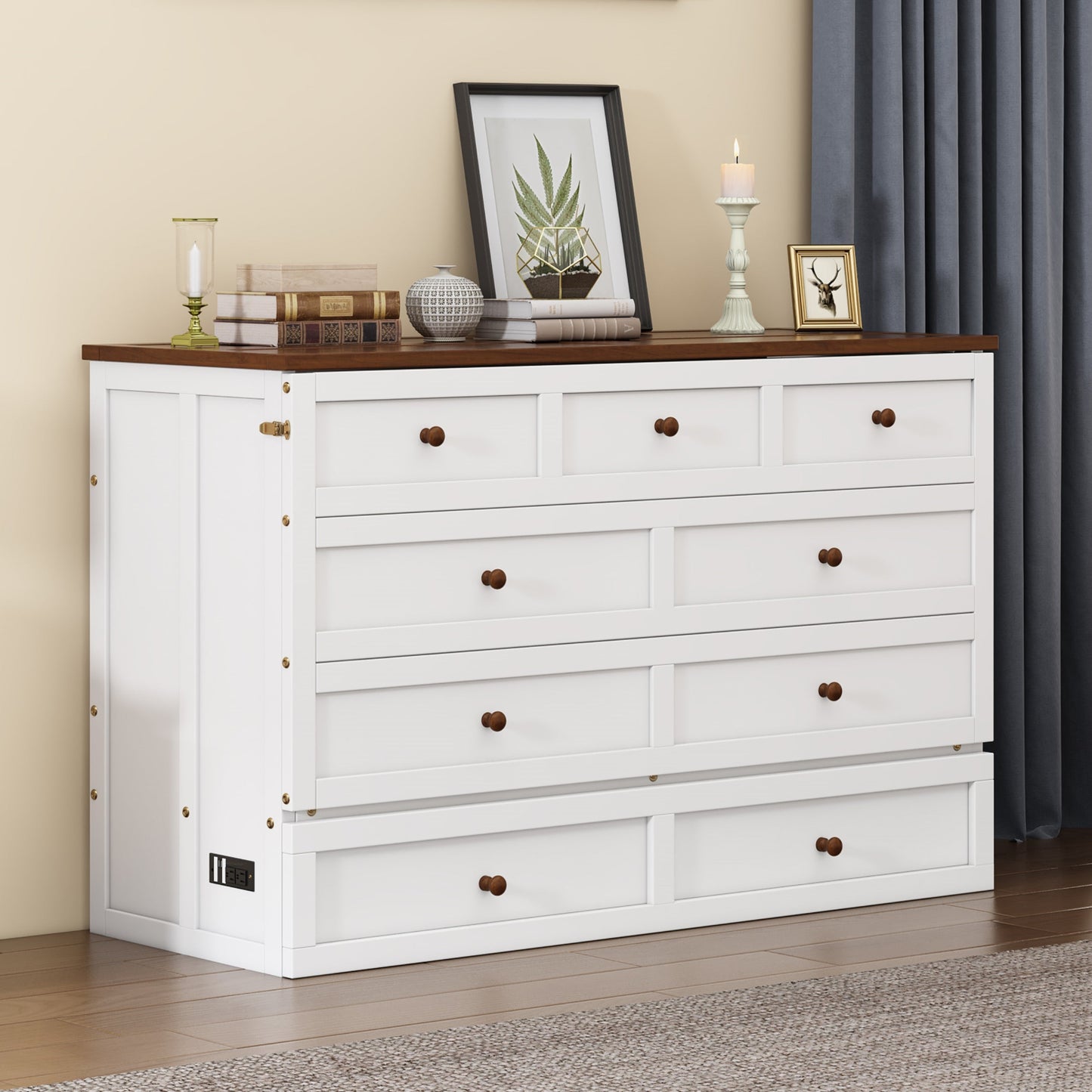 Queen Solid Pine Murphy Cabinet Bed with Charging Station - White & Walnut