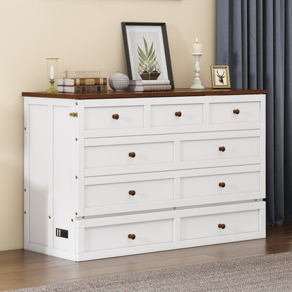 Queen Solid Pine Murphy Cabinet Bed with Charging Station - White & Walnut