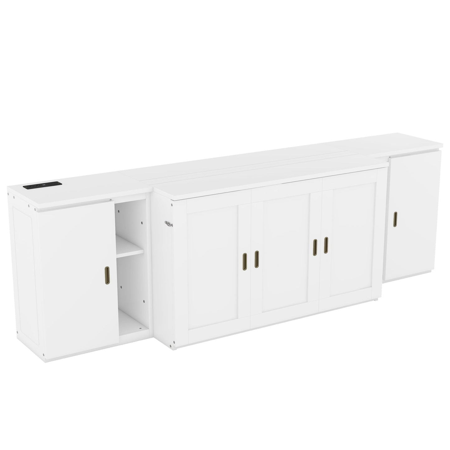Full Murphy Bed with Shelves, Cabinets & USB Ports - White