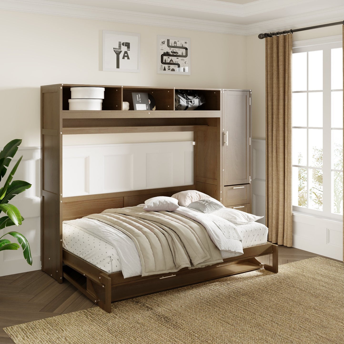 Full Murphy Bed with Wardrobe, Drawers & Open Shelves - Antique Grey