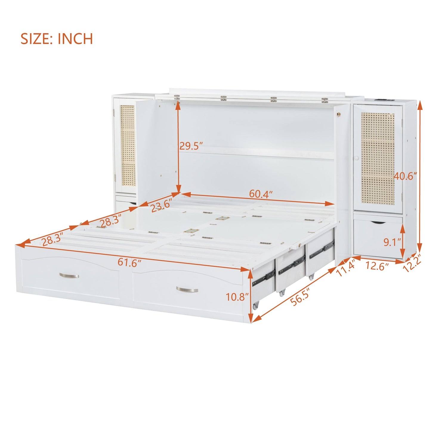 Queen Murphy Wall Bed with Storage Cabinets, Drawers & USB - White