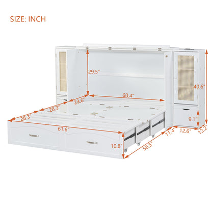 Queen Murphy Wall Bed with Storage Cabinets, Drawers & USB - White