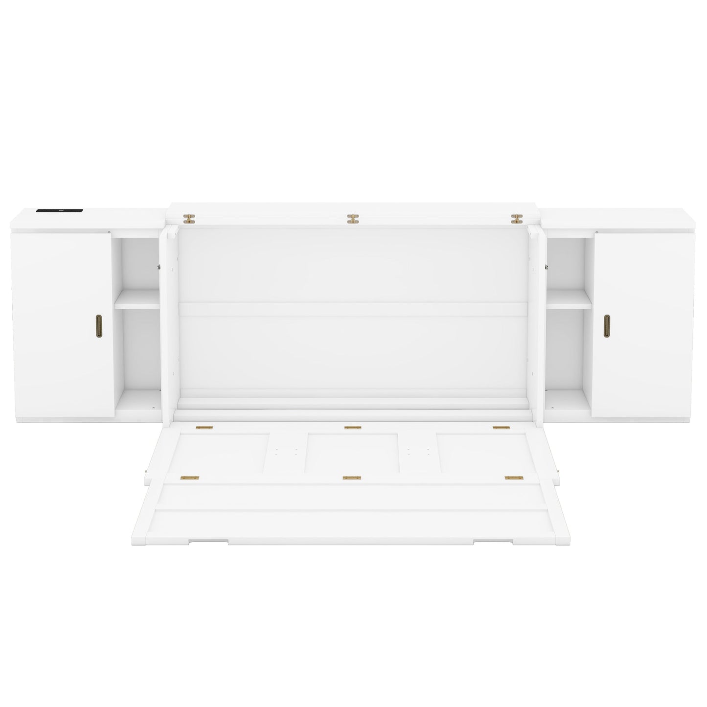 Queen Murphy Bed with Shelves, Cabinets & USB Ports - White