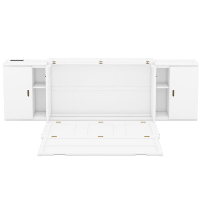 Queen Murphy Bed with Shelves, Cabinets & USB Ports - White