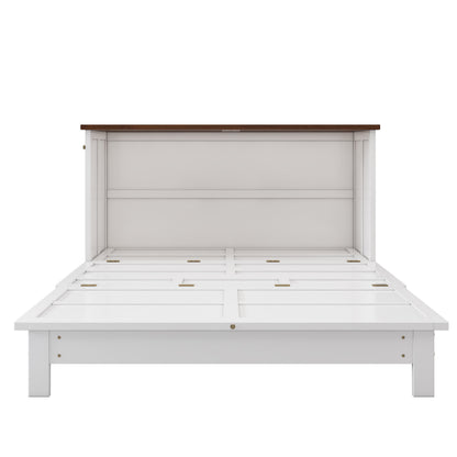 Queen Solid Pine Murphy Cabinet Bed with Charging Station - White & Walnut