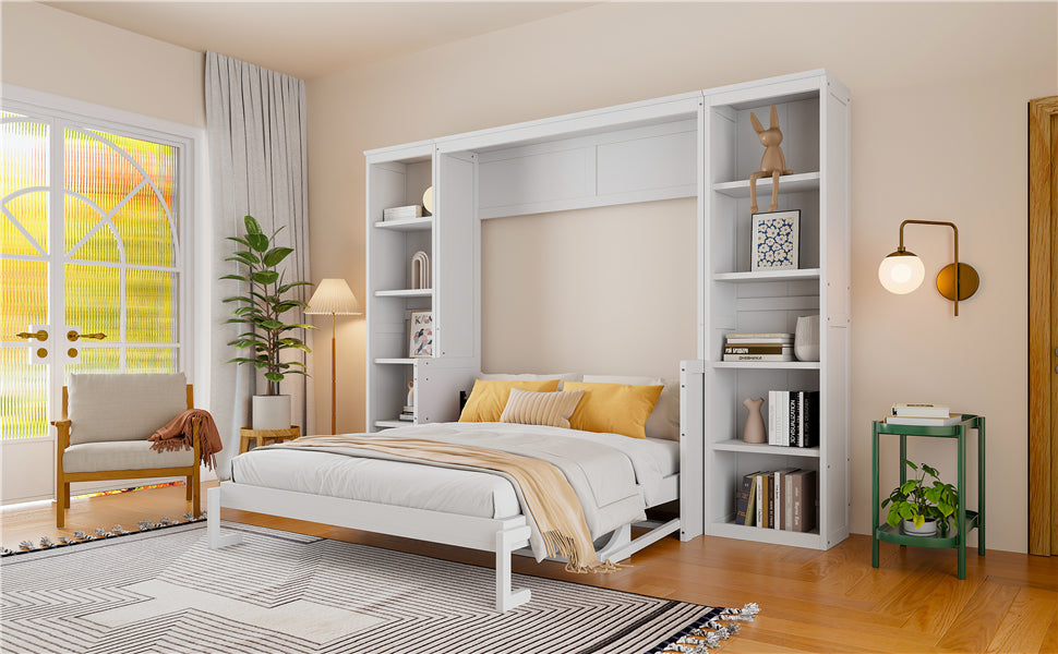 Queen Murphy Bed with Desk & Wide Bookshelf - White