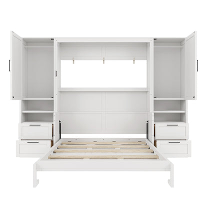 Queen Murphy Wall Bed with Closet, Drawers & Shelves - White
