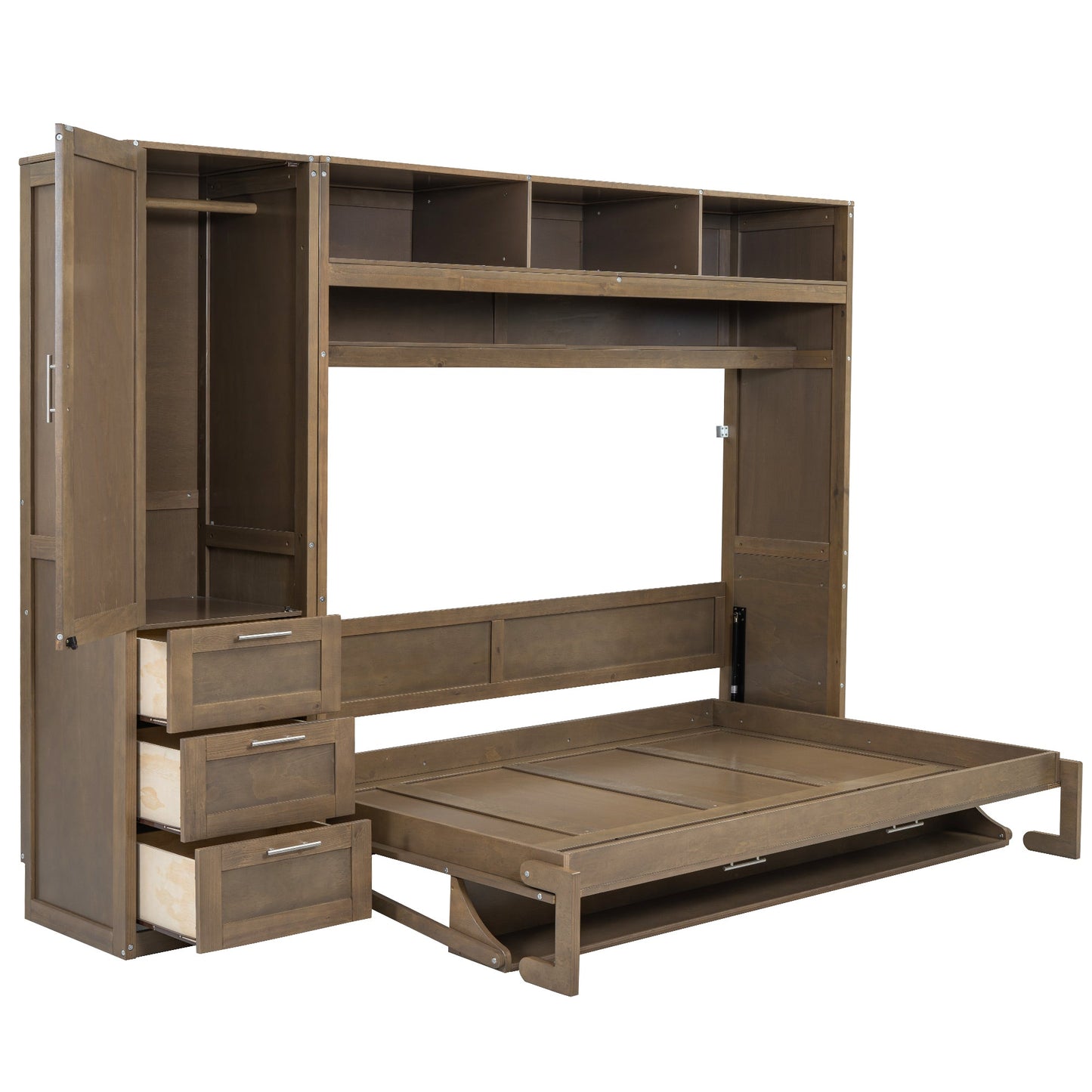 Full Murphy Bed with Wardrobe, Drawers & Open Shelves - Antique Grey