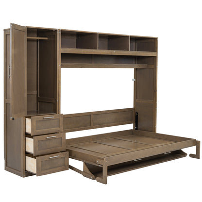 Full Murphy Bed with Wardrobe, Drawers & Open Shelves - Antique Grey