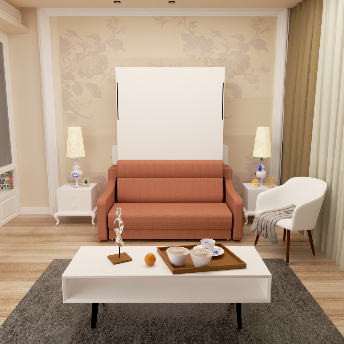 Full Vertical Murphy Bed with Sofa & Drawers - White