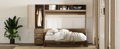 Full Murphy Bed with Wardrobe, Drawers & Open Shelves - Antique Grey
