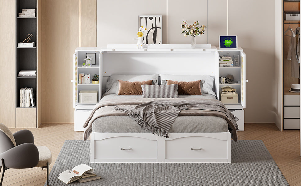 Queen Murphy Wall Bed with Storage Cabinets, Drawers & USB - White