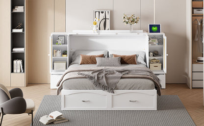 Queen Murphy Wall Bed with Storage Cabinets, Drawers & USB - White