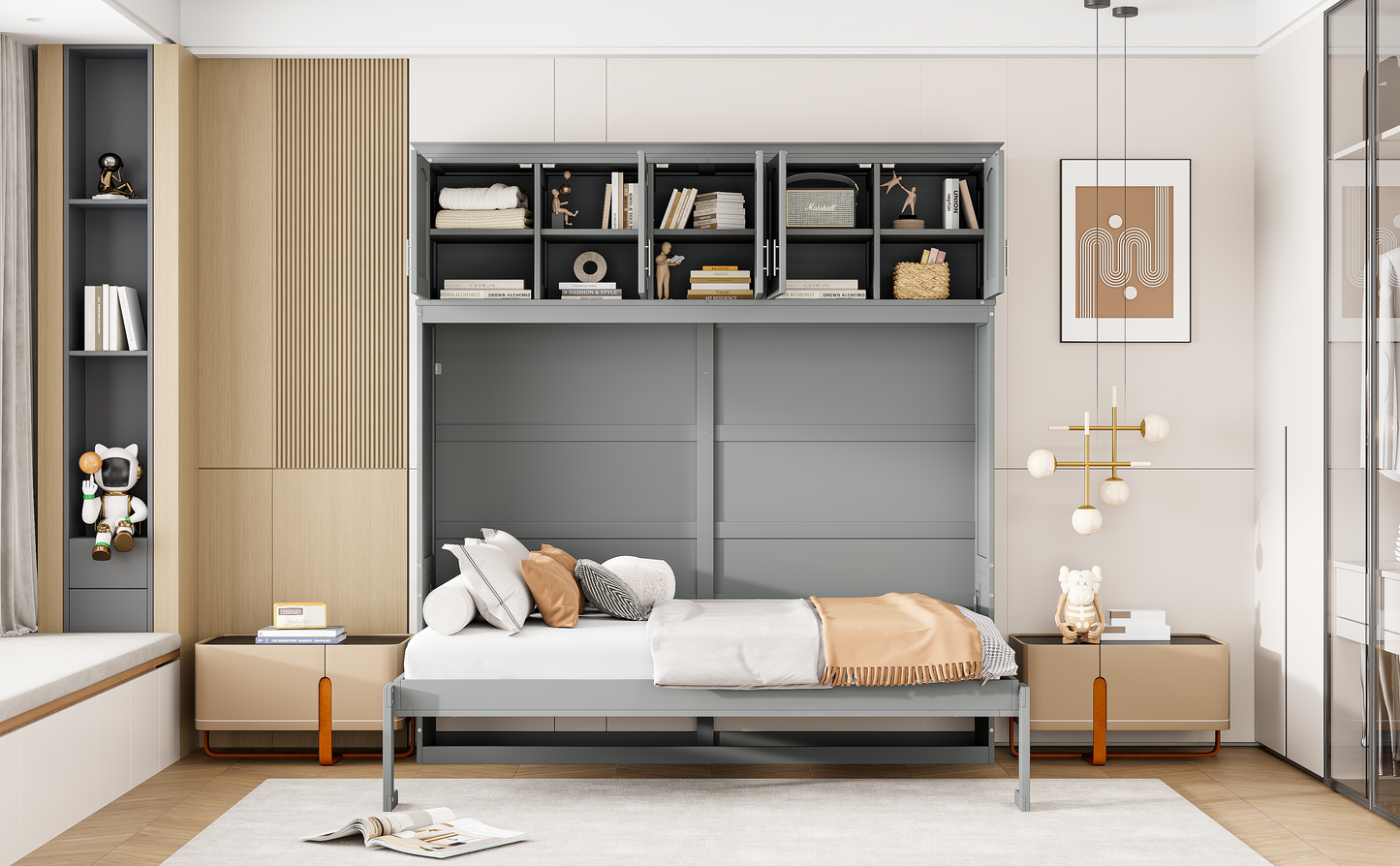 Full Murphy Wall Bed with Top Cabinets - Gray