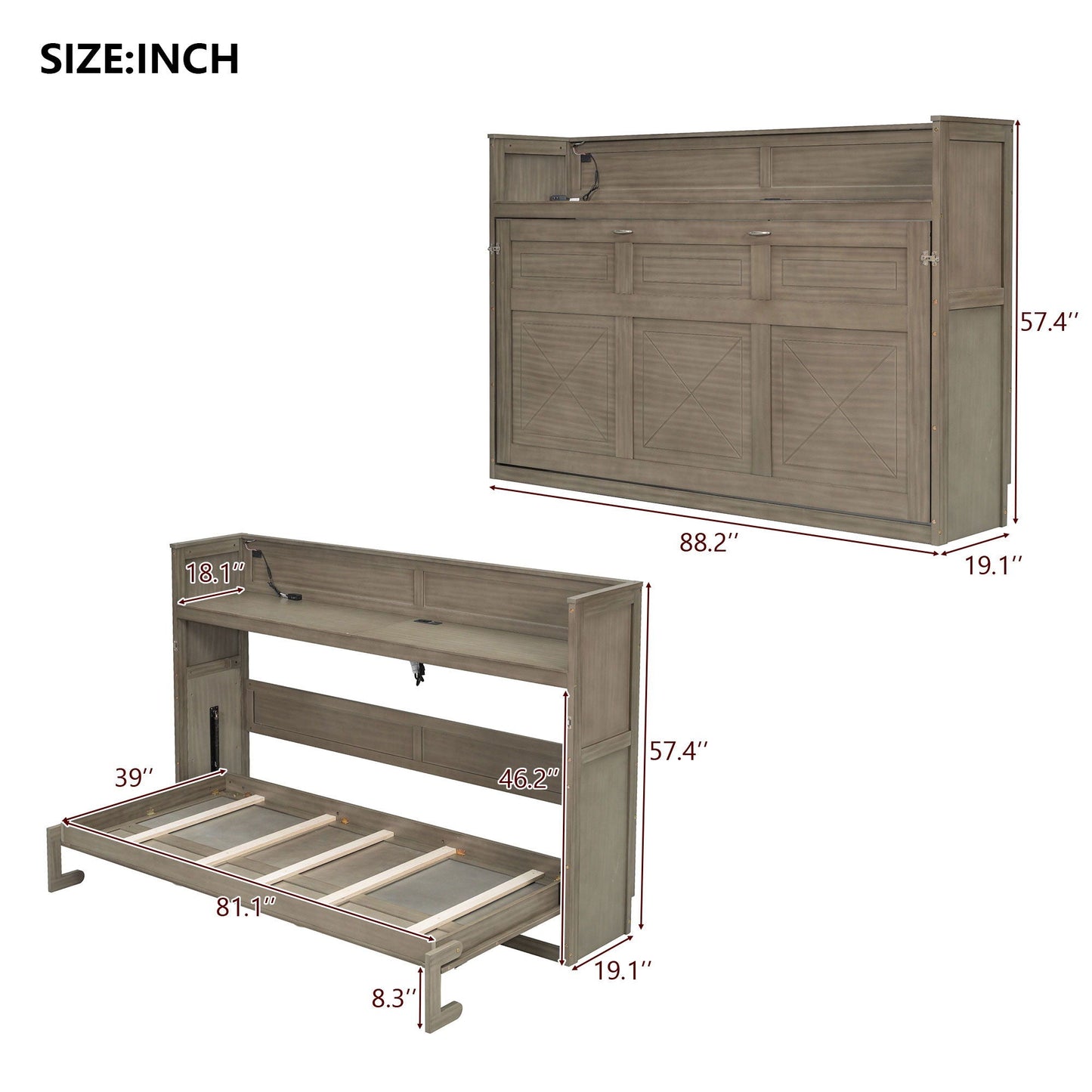 Murphy Bed with Desk, LED Light & USB Charging Station