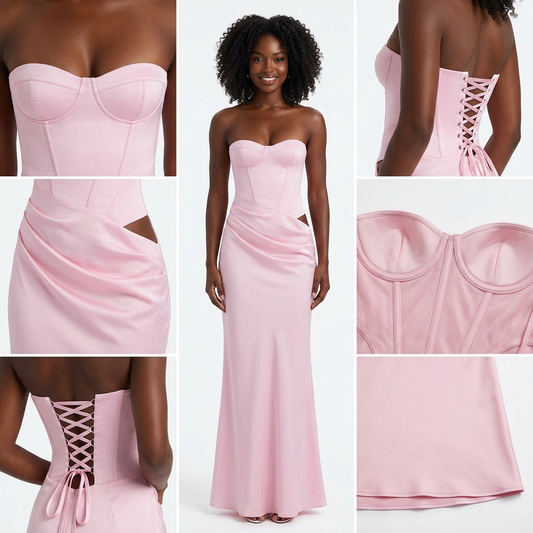 Structured Bodice Evening Gown - Elegant Ruched Maxi with Cinch Detail